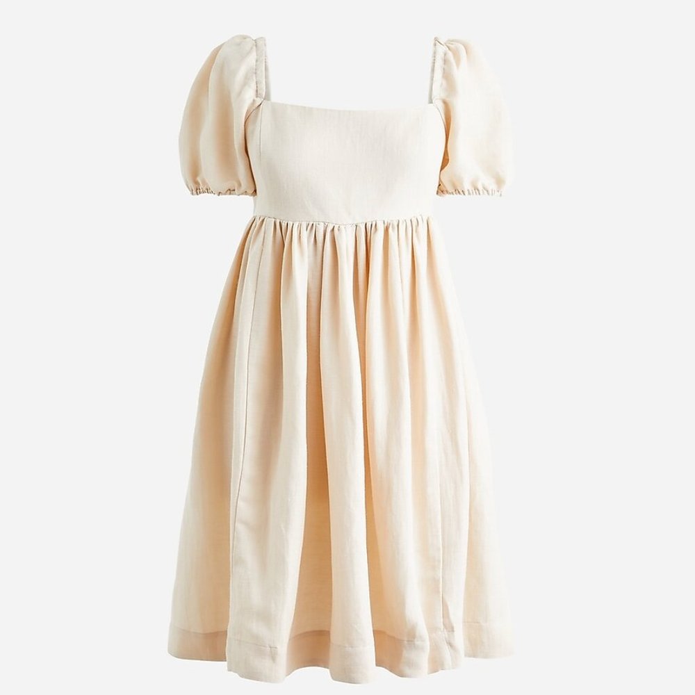 Puff-sleeve linen-cupro blend dress: Weathered Sand, Size 8